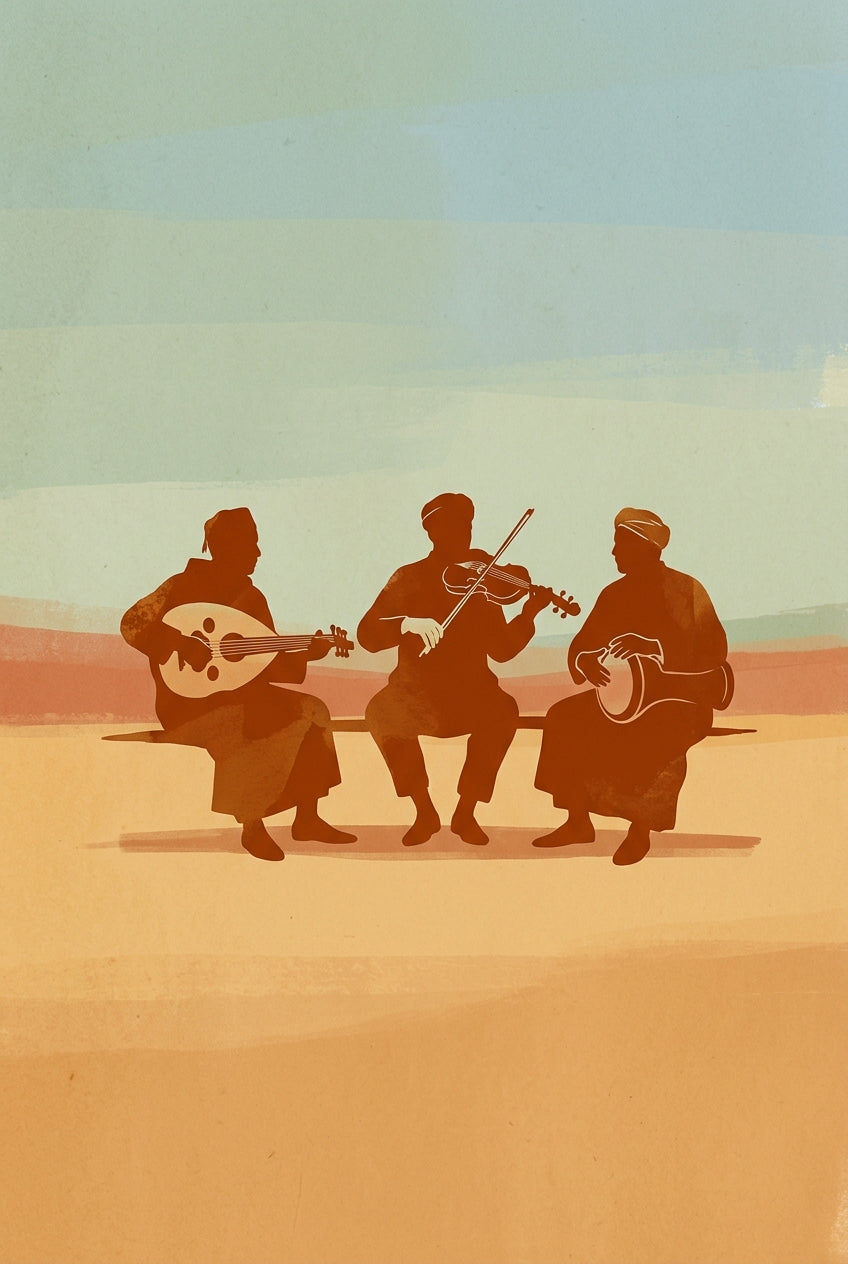 Poster Musiciens Marocains, silhouette instruments