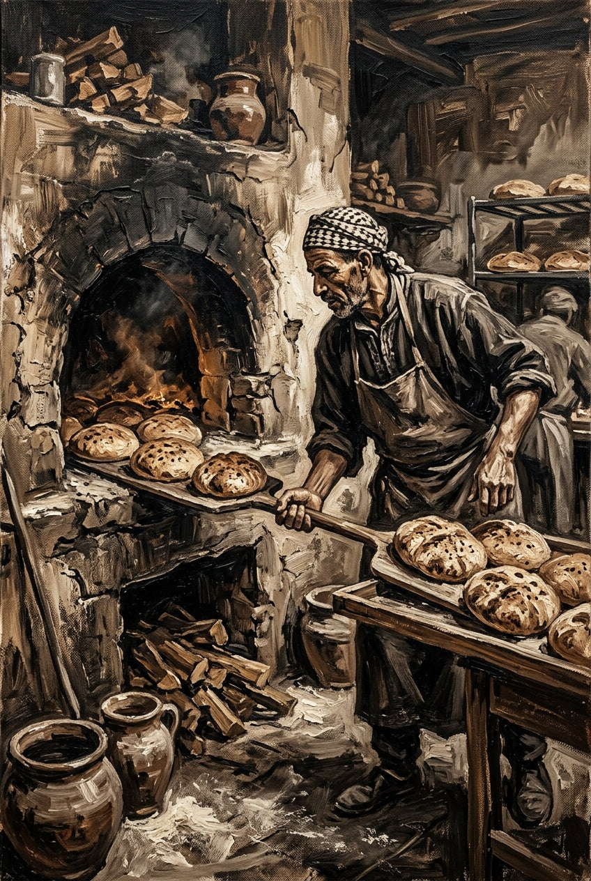 Poster boulanger marocain, four à bois traditionnel