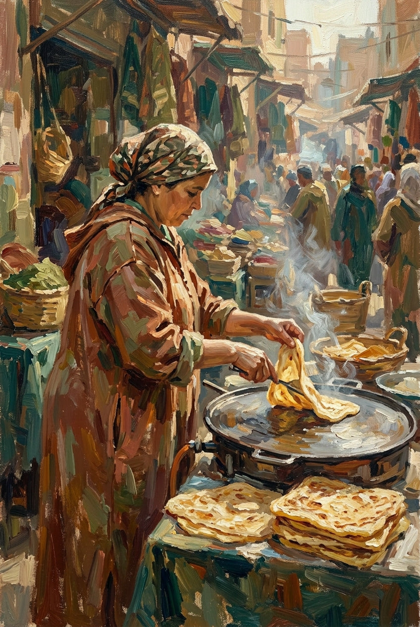 Affiche Msemen du Maroc, poster marché traditionnel