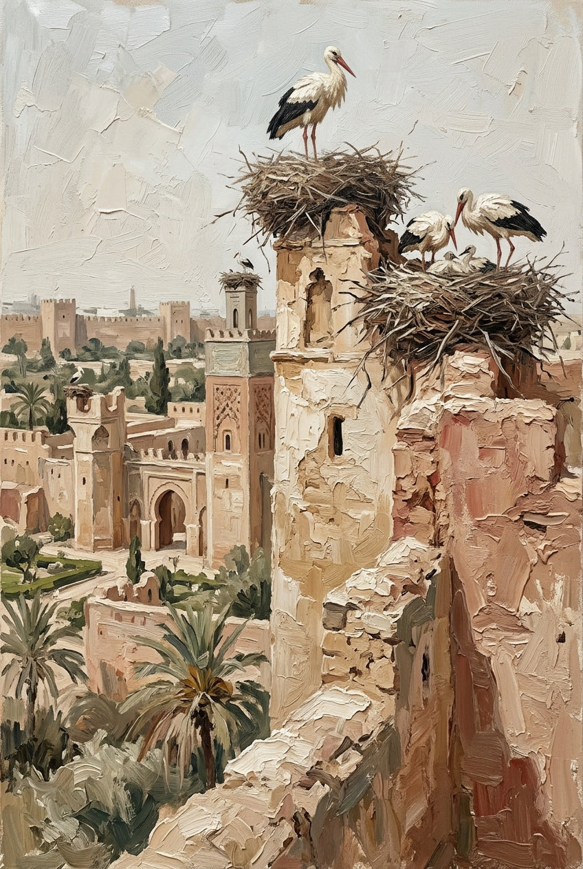 Affiche Cigognes du Maroc, poster nids sur les remparts