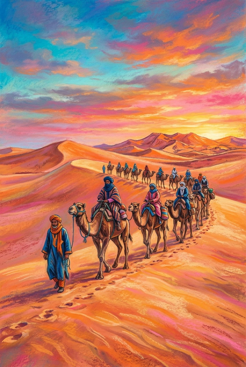 Affiche Caravane du Maroc, poster coucher de soleil