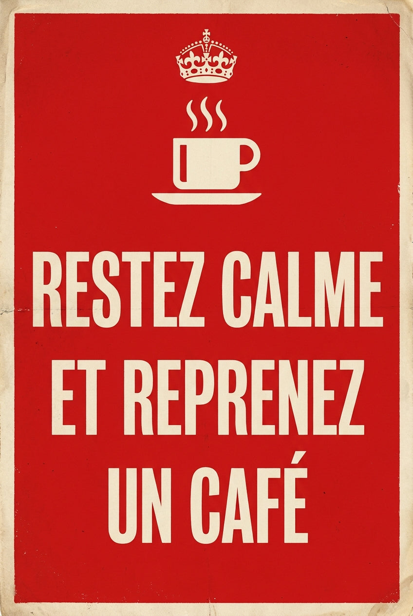 Affiche de propagande Restez Calme, poster café vintage