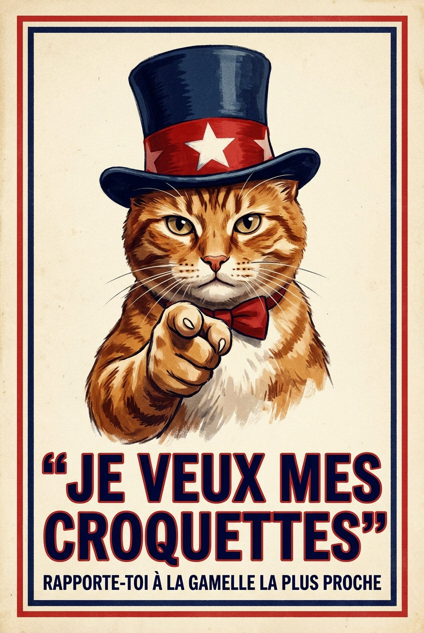 Poster de chat propagande, déco Je veux mes croquettes