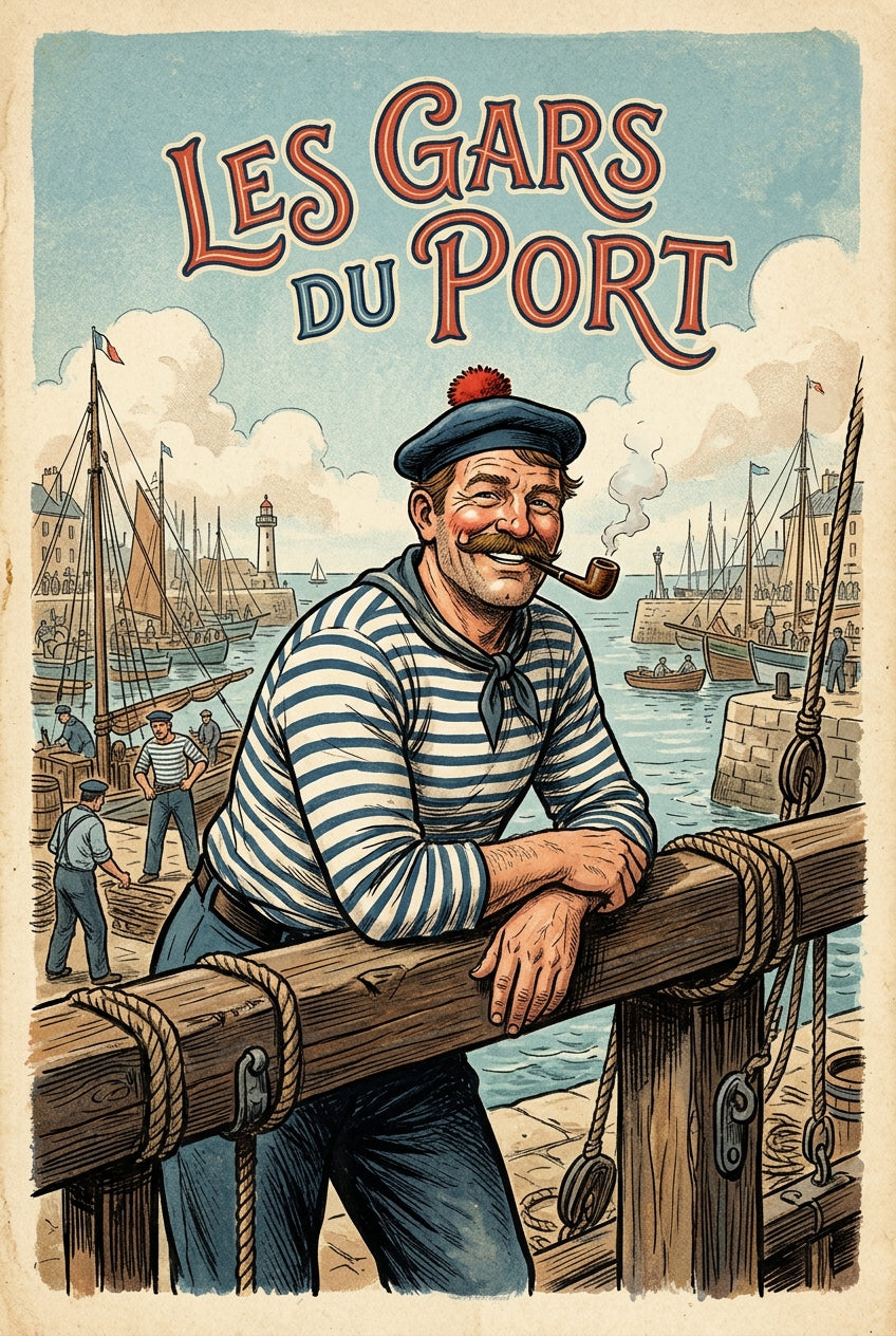 Poster des Gars du Port, marinière et pipe vintage