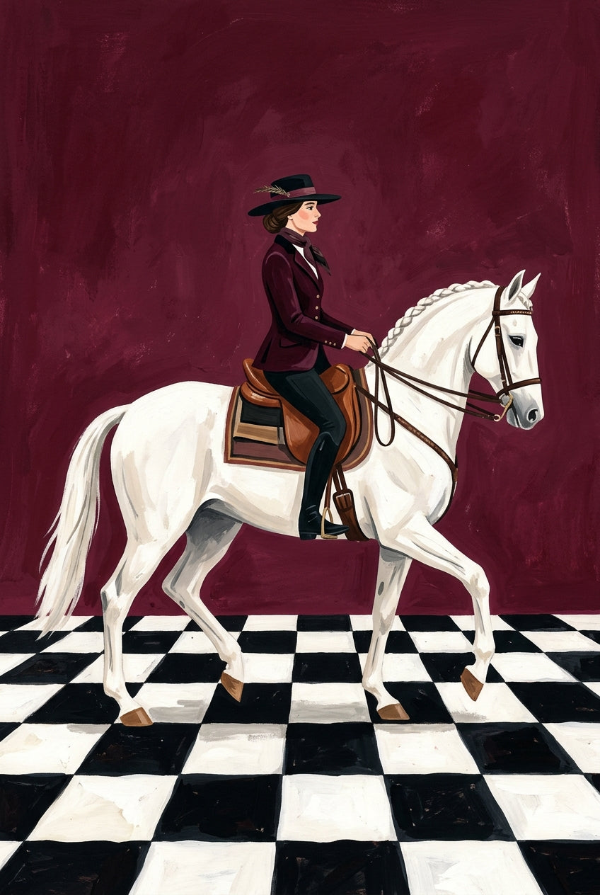 Poster Cavalière sur cheval blanc, affiche décor damier