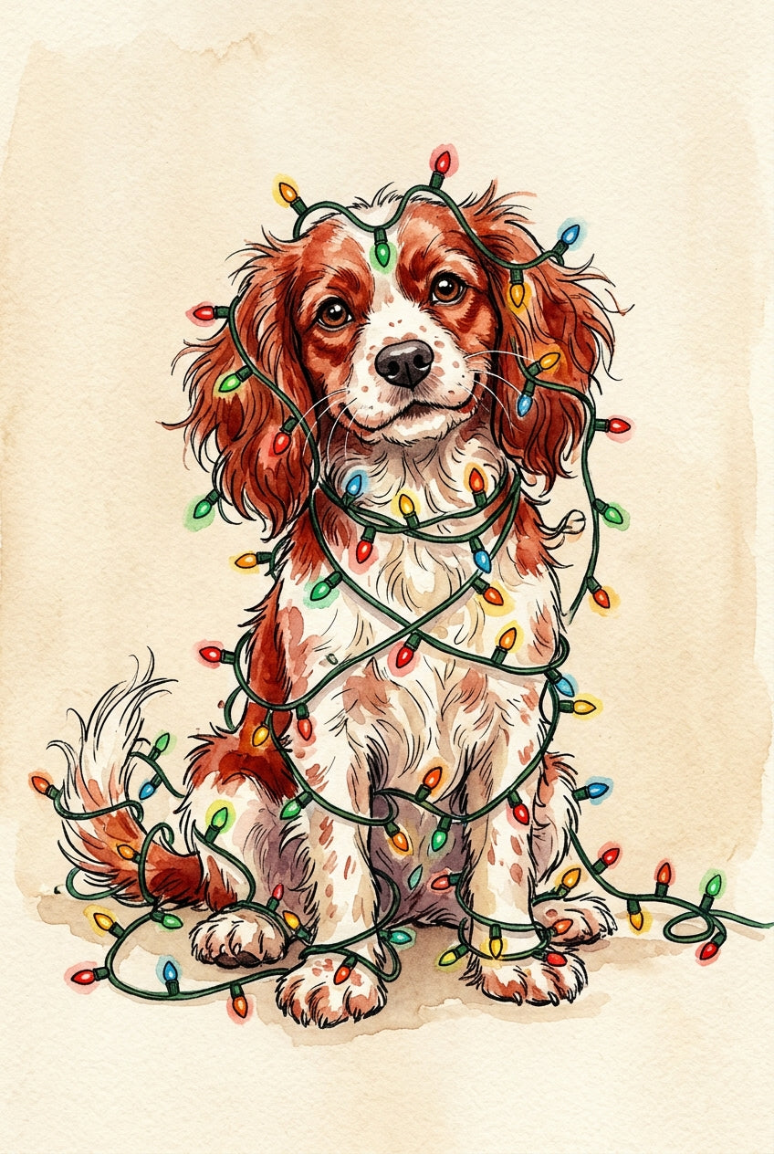 Poster Cavalier King Charles de Noël, guirlande lumineuse