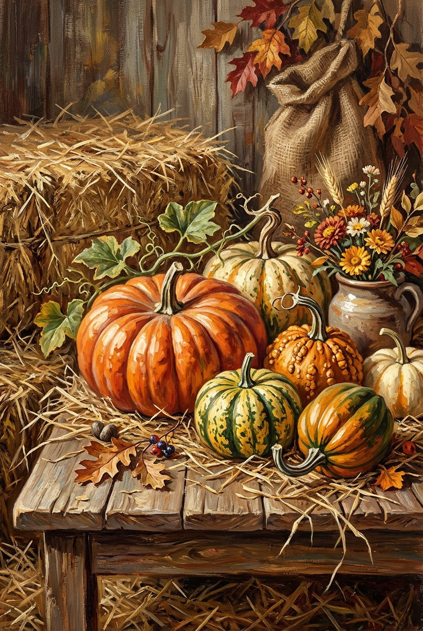 Affiche d'automne, poster citrouilles et foin