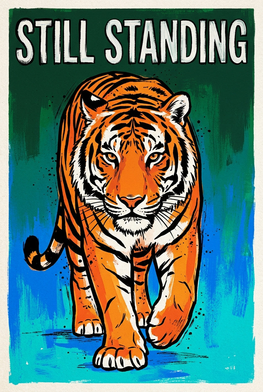 Poster Tigre Still Standing, affiche fond bleu vert