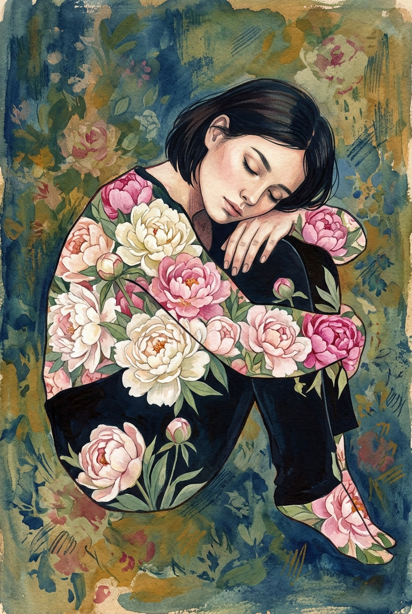 Affiche Femme aux pivoines, poster floral illustré
