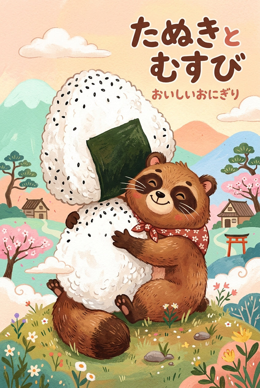 Poster Tanuki et Onigiri, affiche style japonais