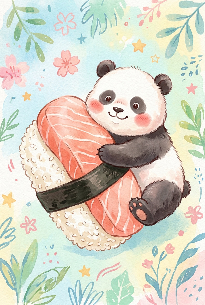 Affiche Panda sushi, poster style aquarelle