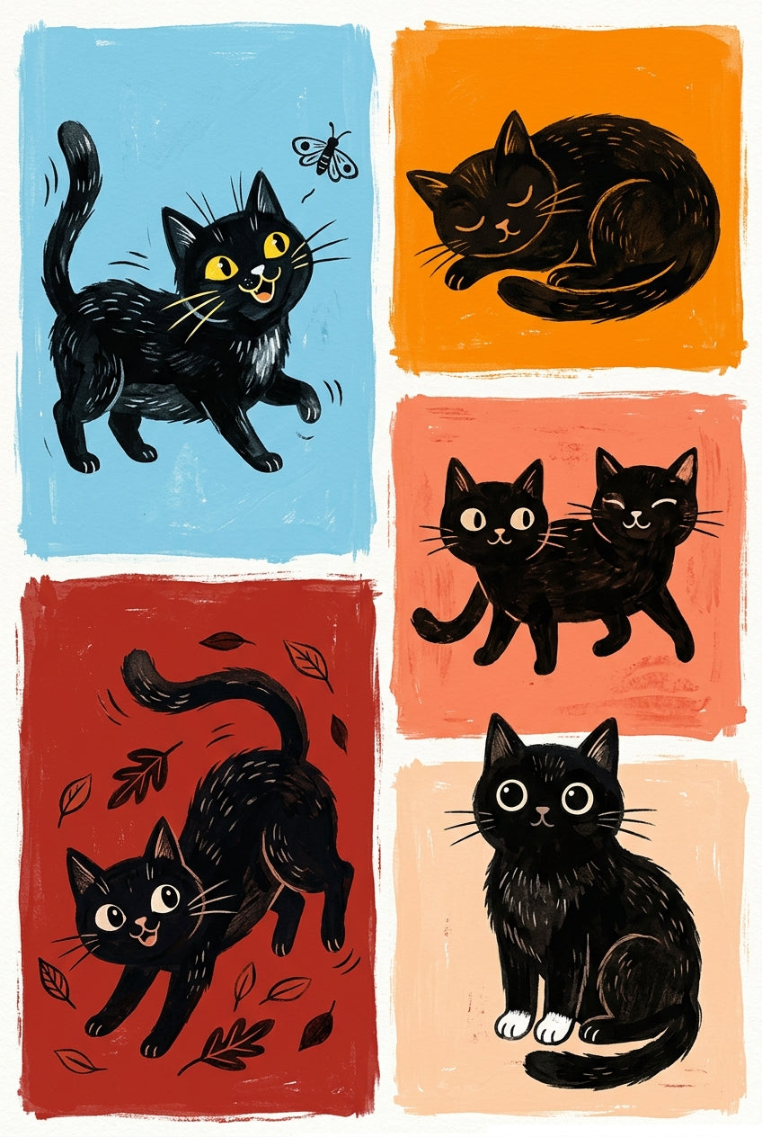 Poster de chats noirs, affiche avec cinq chats joueurs