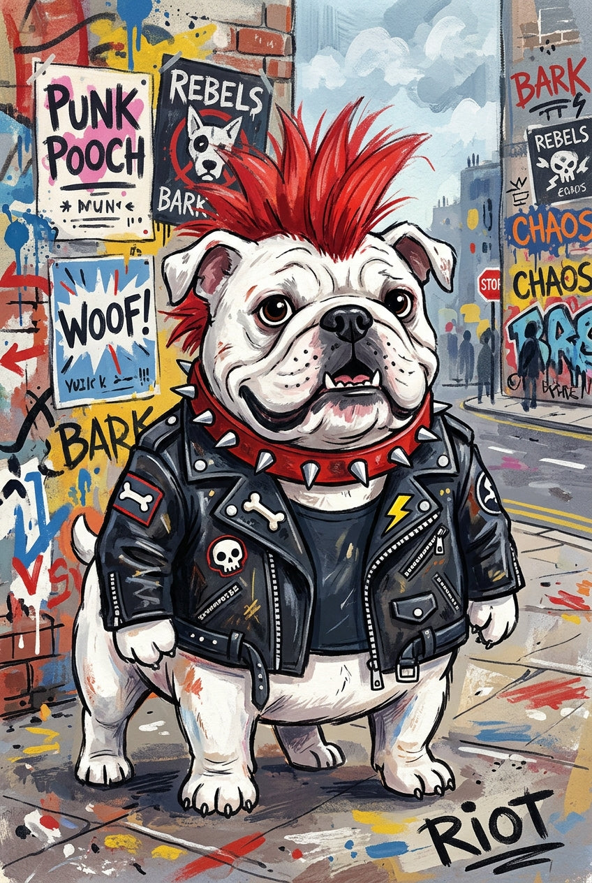Poster Bulldog punk, affiche crête rouge et graffiti