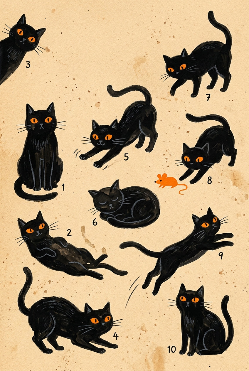 Poster de chats noirs, affiche illustrée 10 poses