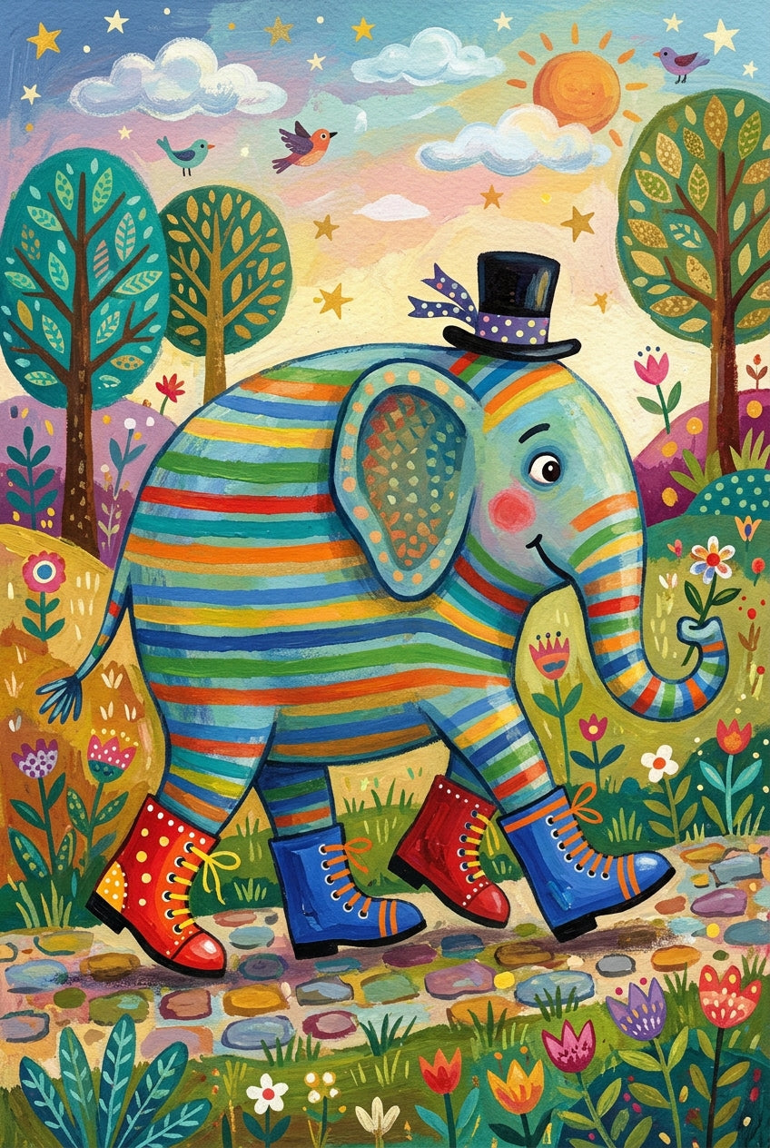 Poster Éléphant coloré, chapeau haut de forme et bottes