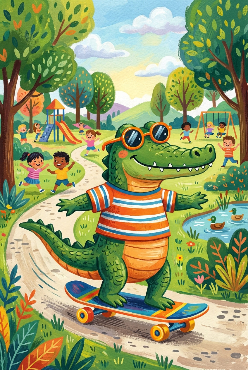 Poster Crocodile au parc, affiche skateboard enfant