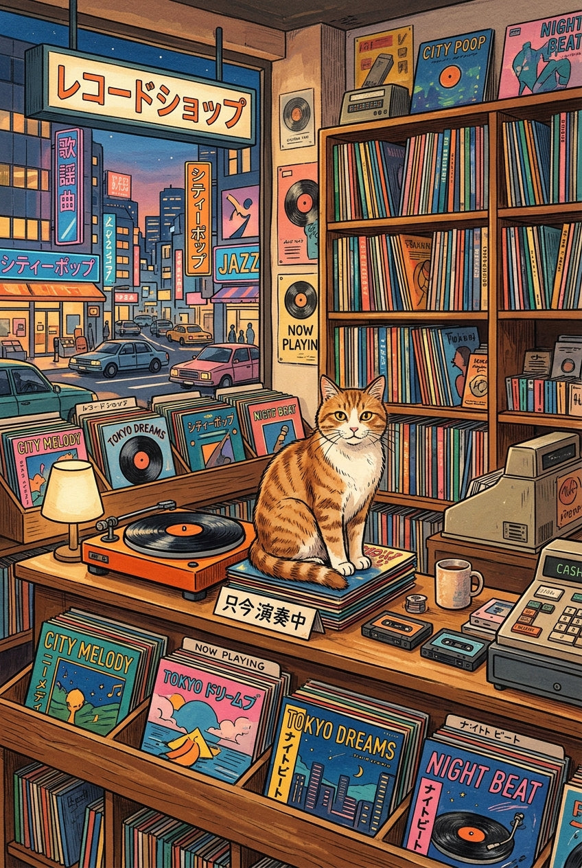Poster Disquaire Japonais, décor vinyle et chat roux
