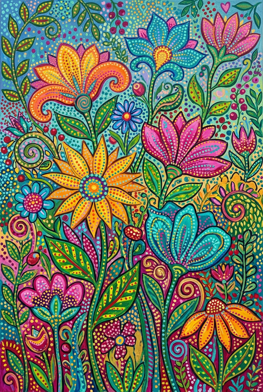 Poster fleurs colorées, affiche botanique motifs à pois