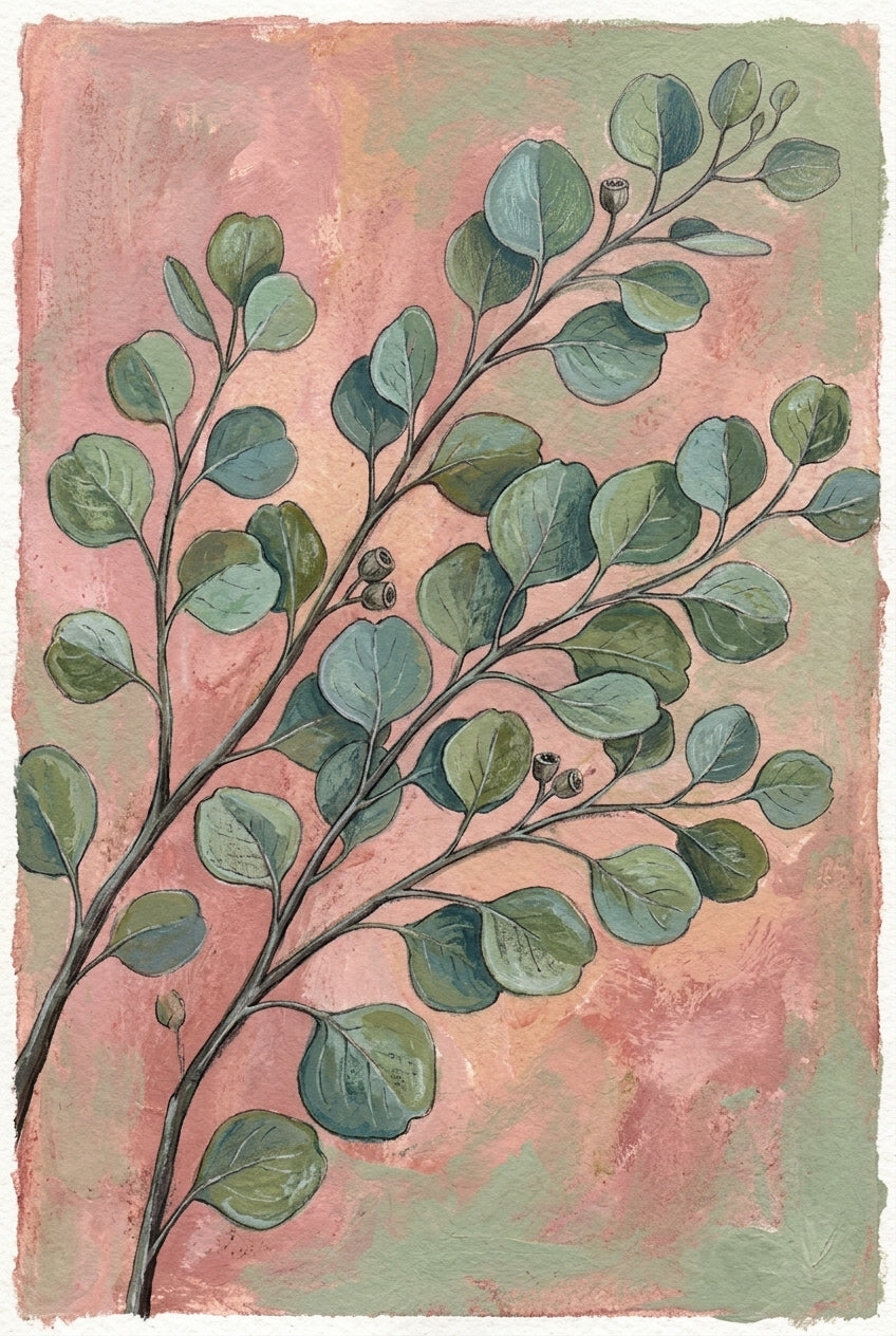 Poster d'Eucalyptus botanique, affiche fond vieux rose