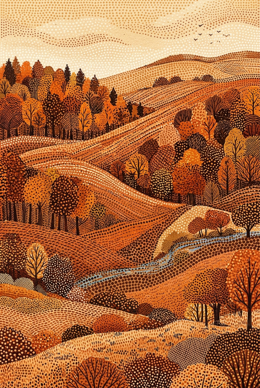 Affiche Paysage d'automne, poster style pointilliste