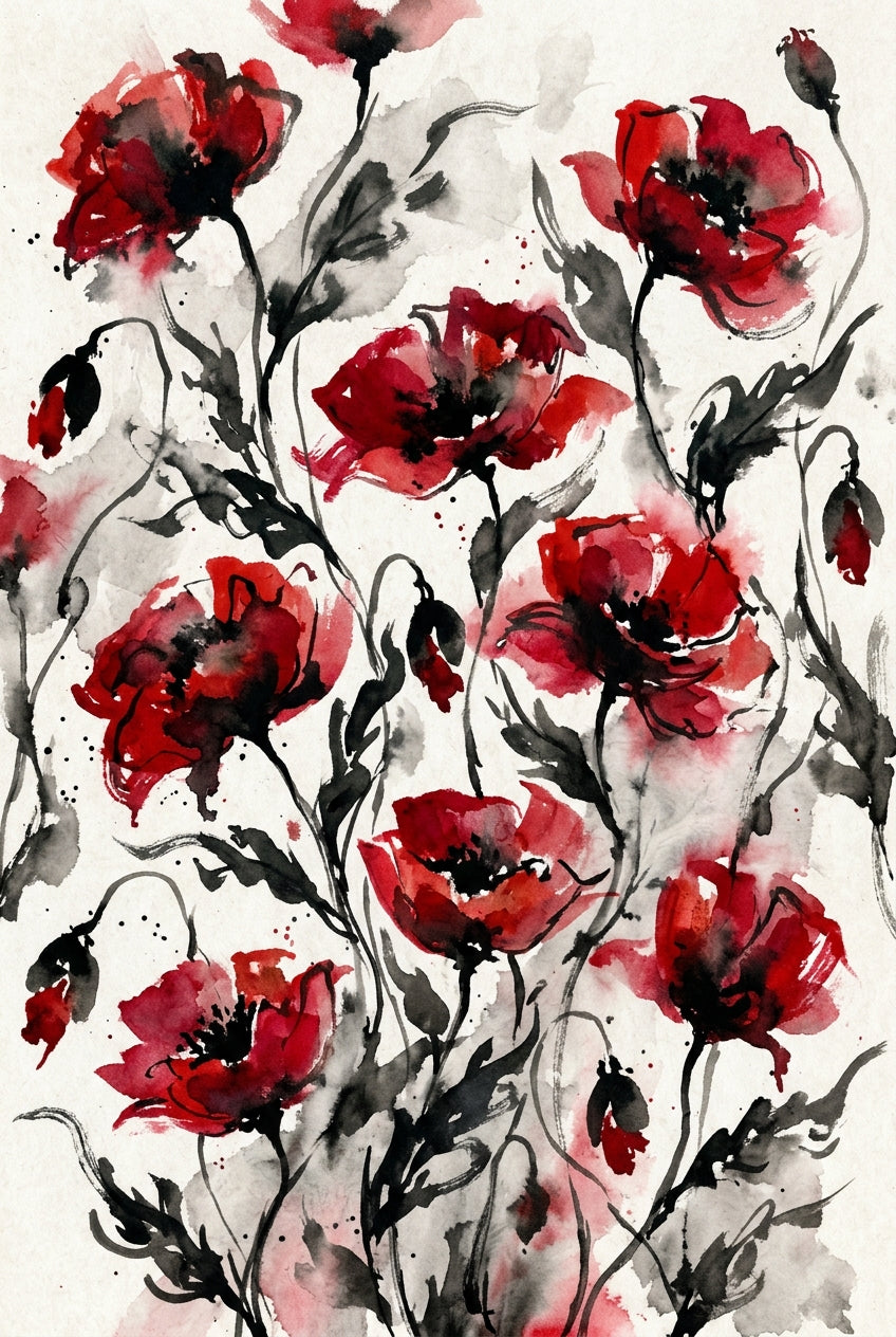 Poster de Coquelicots, illustration aquarelle rouge