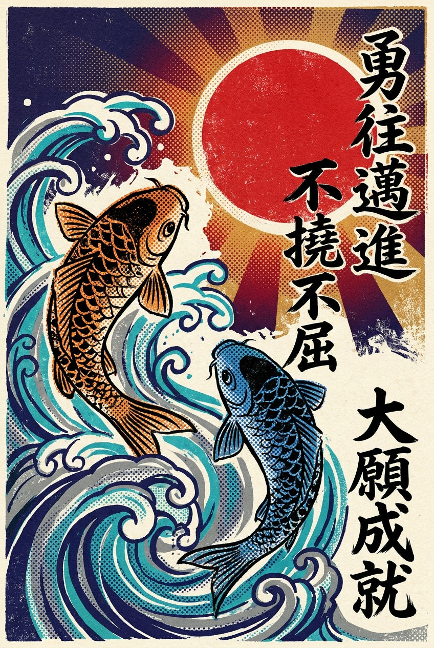 Affiche carpes Koï, poster style japonais et vagues