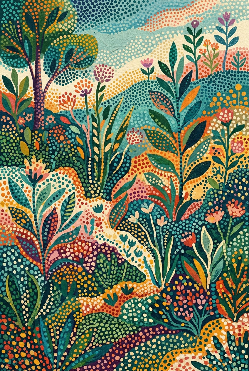 Affiche Jardin pointilliste, poster paysage fleuri