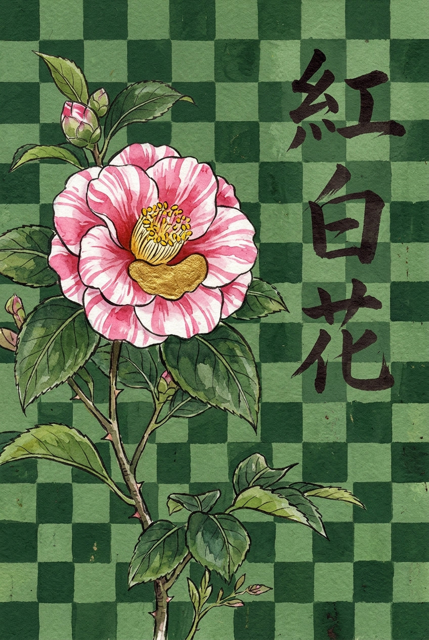 Affiche Camélia du Japon, poster botanique damier vert
