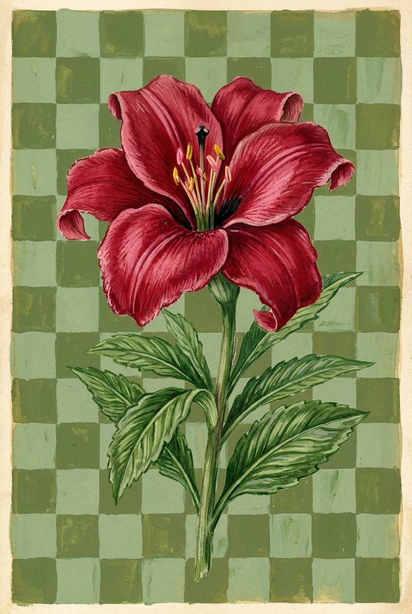 Poster Lys rouge, affiche botanique damier vert