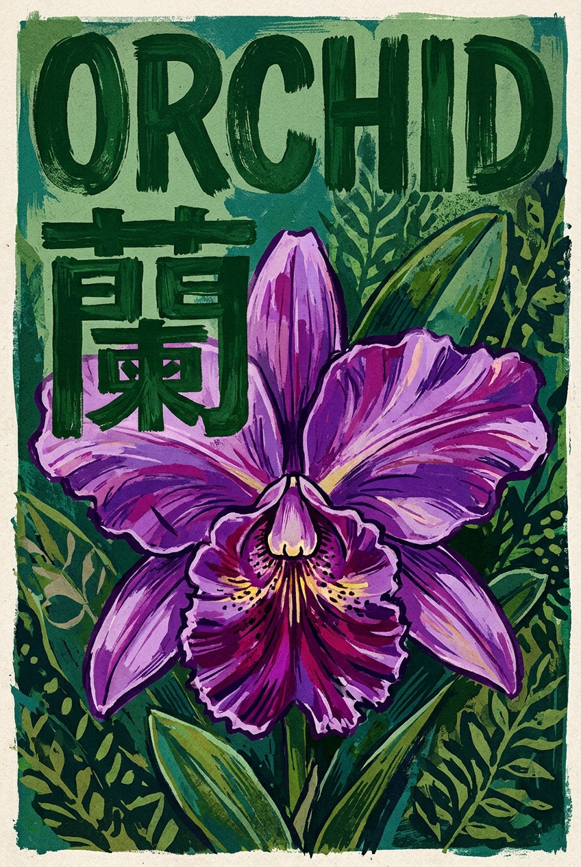 Affiche d'orchidée, poster violet et idéogramme
