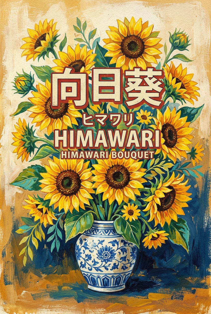 Poster de tournesols Himawari, vase bleu et blanc