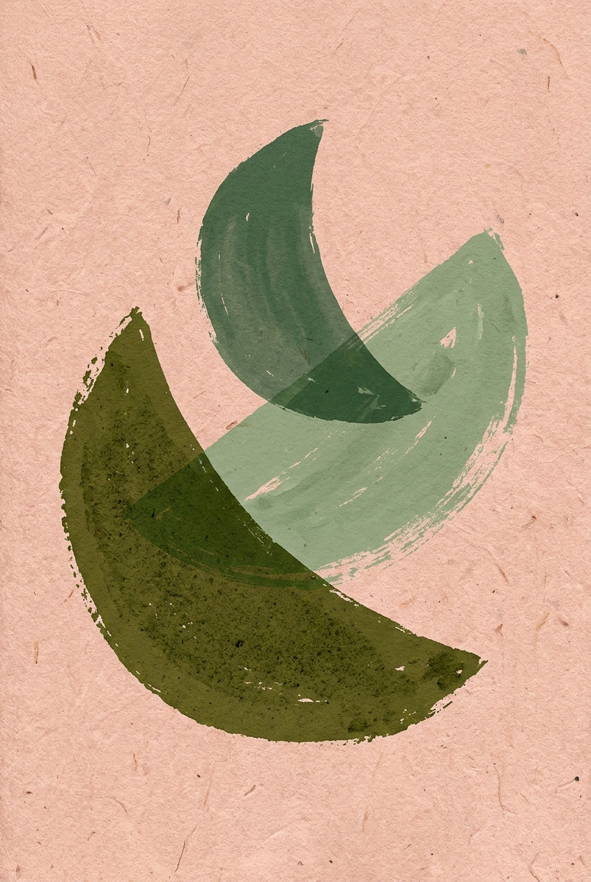 Poster Art abstrait vert, formes graphiques sur fond rose