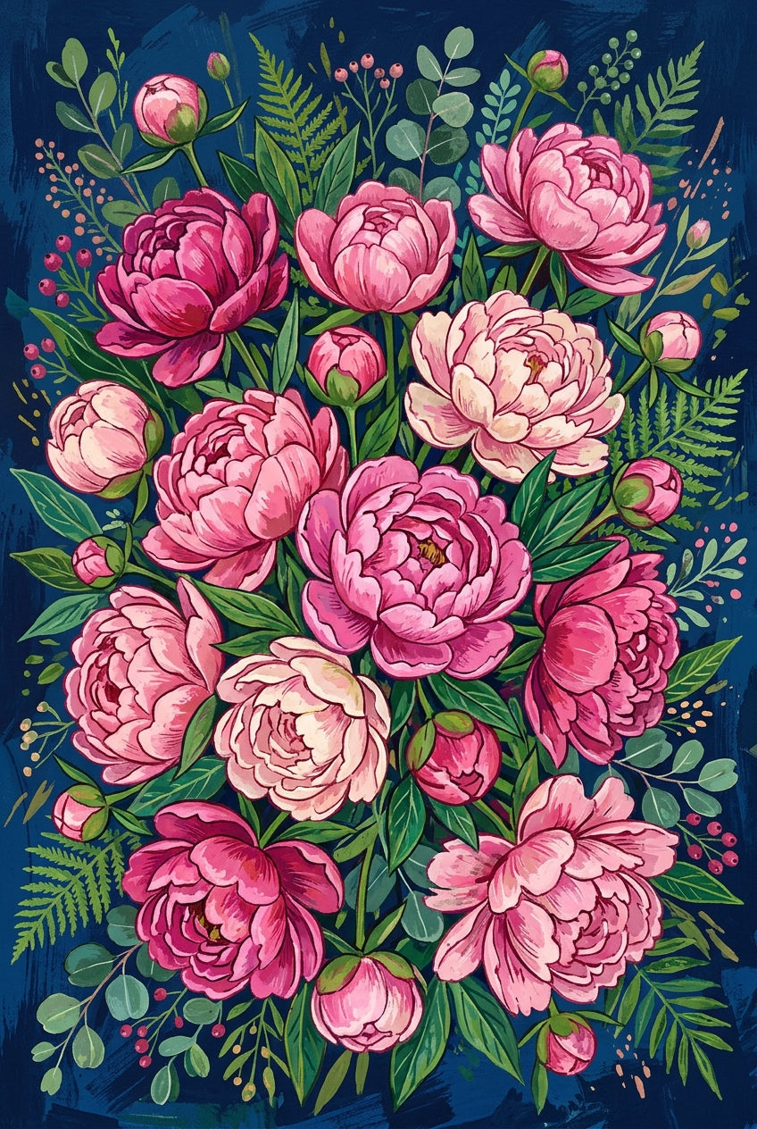 Affiche de pivoines roses, poster fond bleu marine