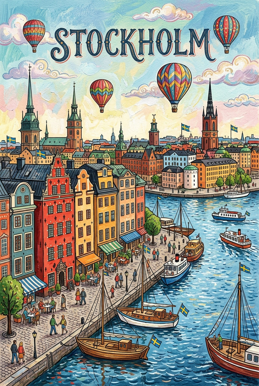 Poster de Stockholm, affiche ville et montgolfières