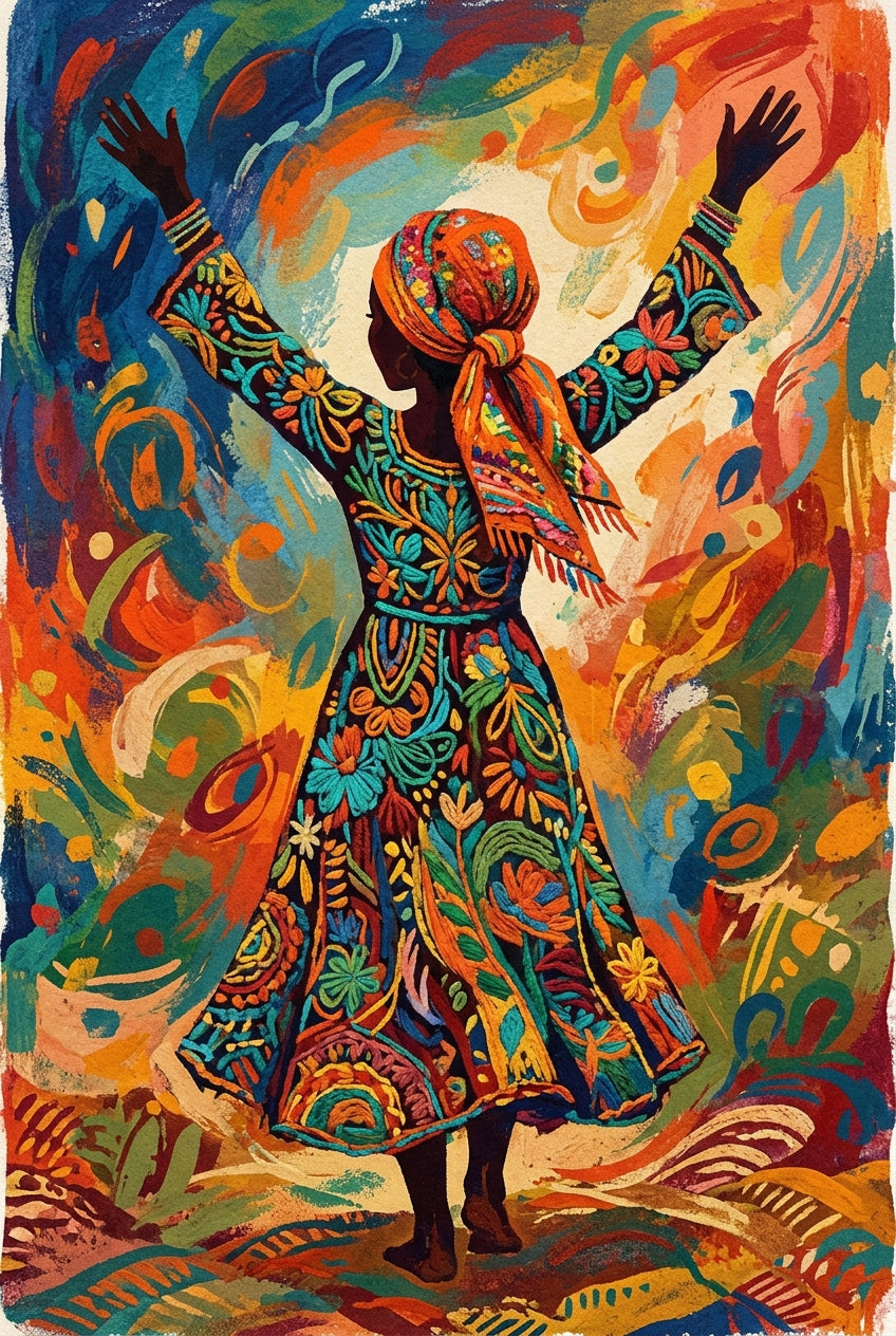 Affiche femme en robe colorée, poster motifs floraux