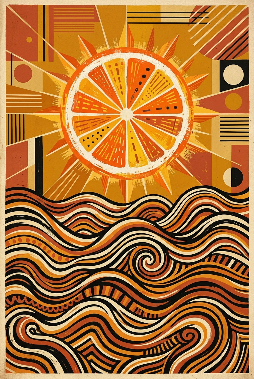 Poster Soleil orange abstrait, affiche vagues géométriques