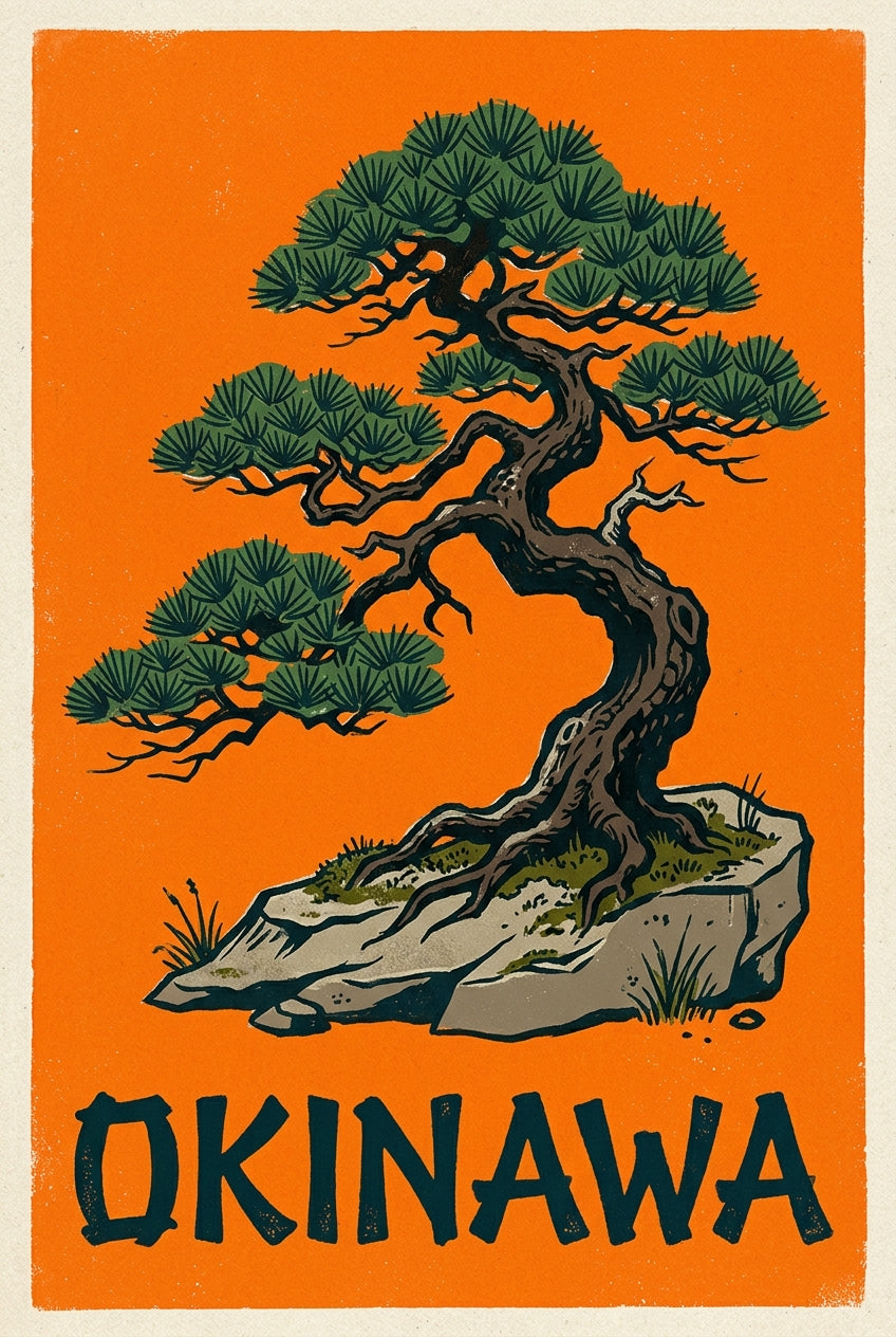 Poster d'Okinawa, affiche pin japonais sur rocher vif
