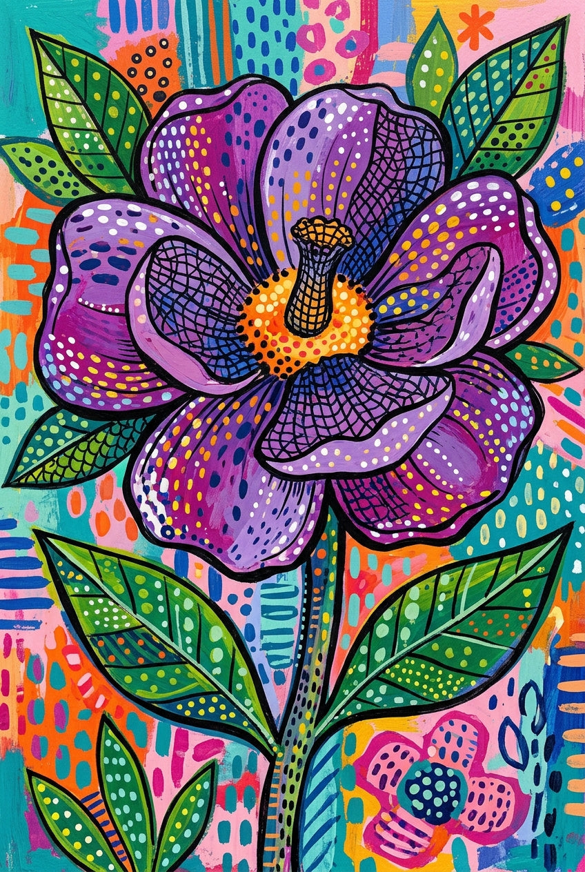 Affiche Fleur violette, poster motifs à pois colorés