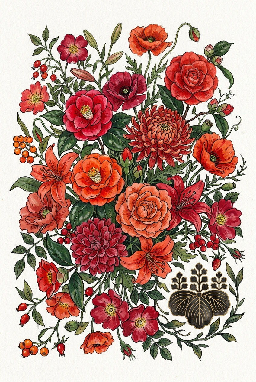 Affiche fleurs japonaises, poster tons rouges et orangés