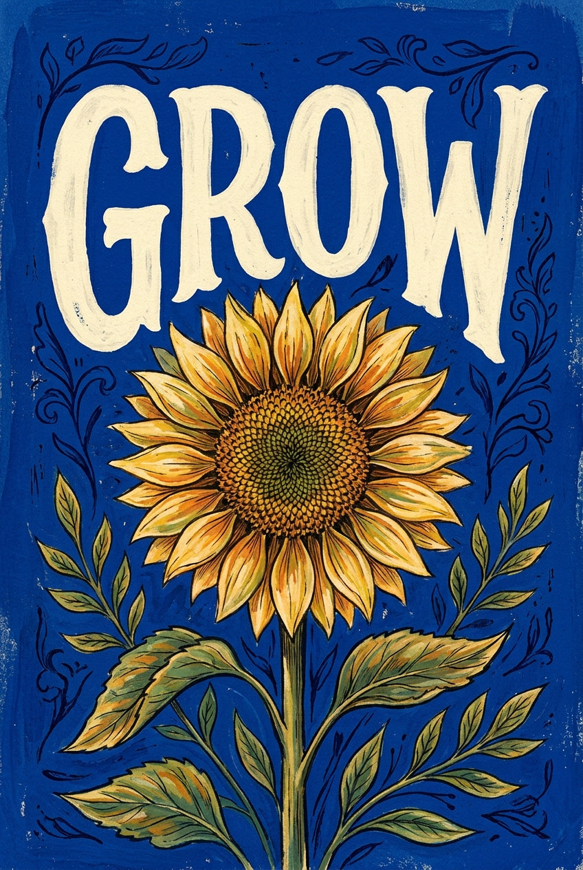 Affiche Tournesol, poster botanique vintage fond bleu