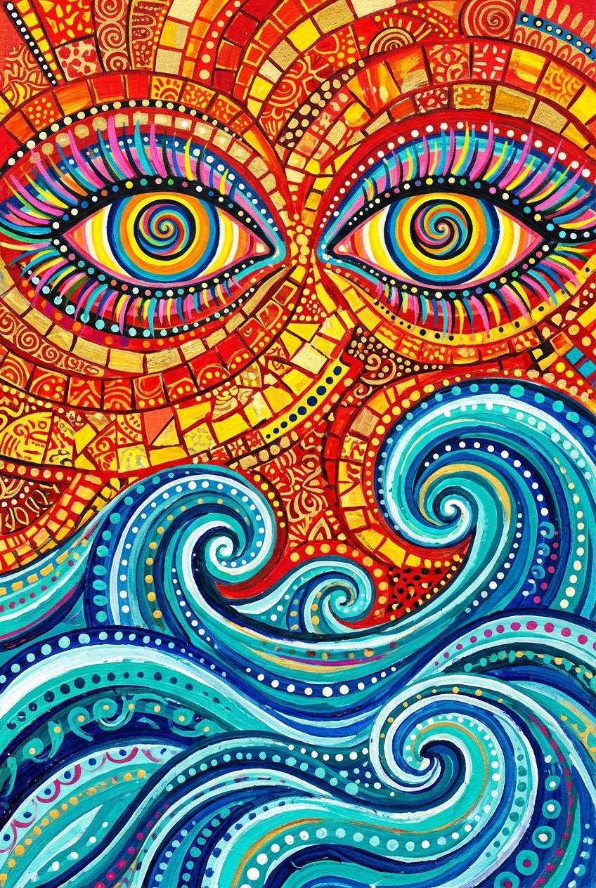 Affiche Soleil mosaïque, poster Yeux hypnotiques coloré