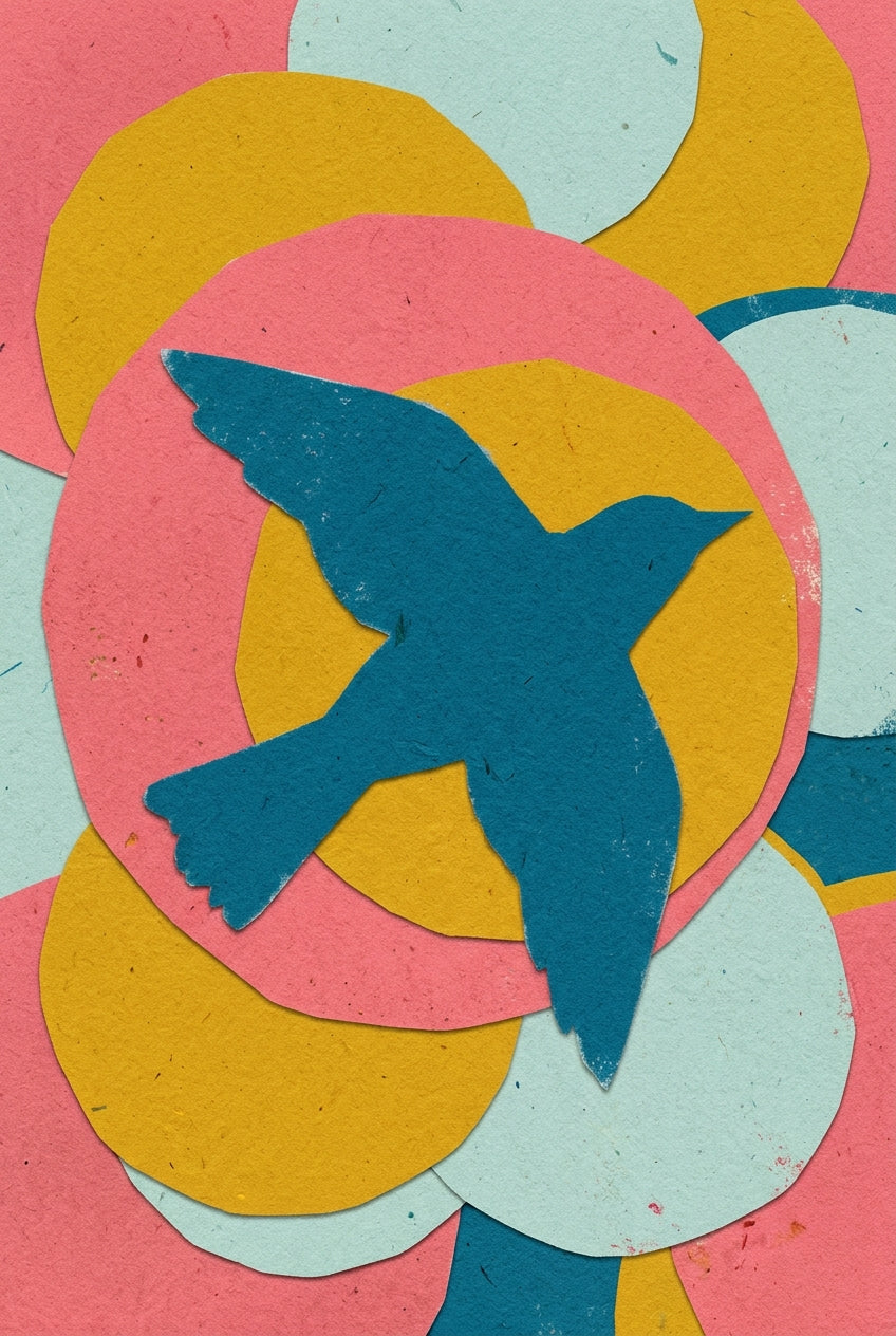 Affiche oiseau abstrait, poster collage de formes colorées