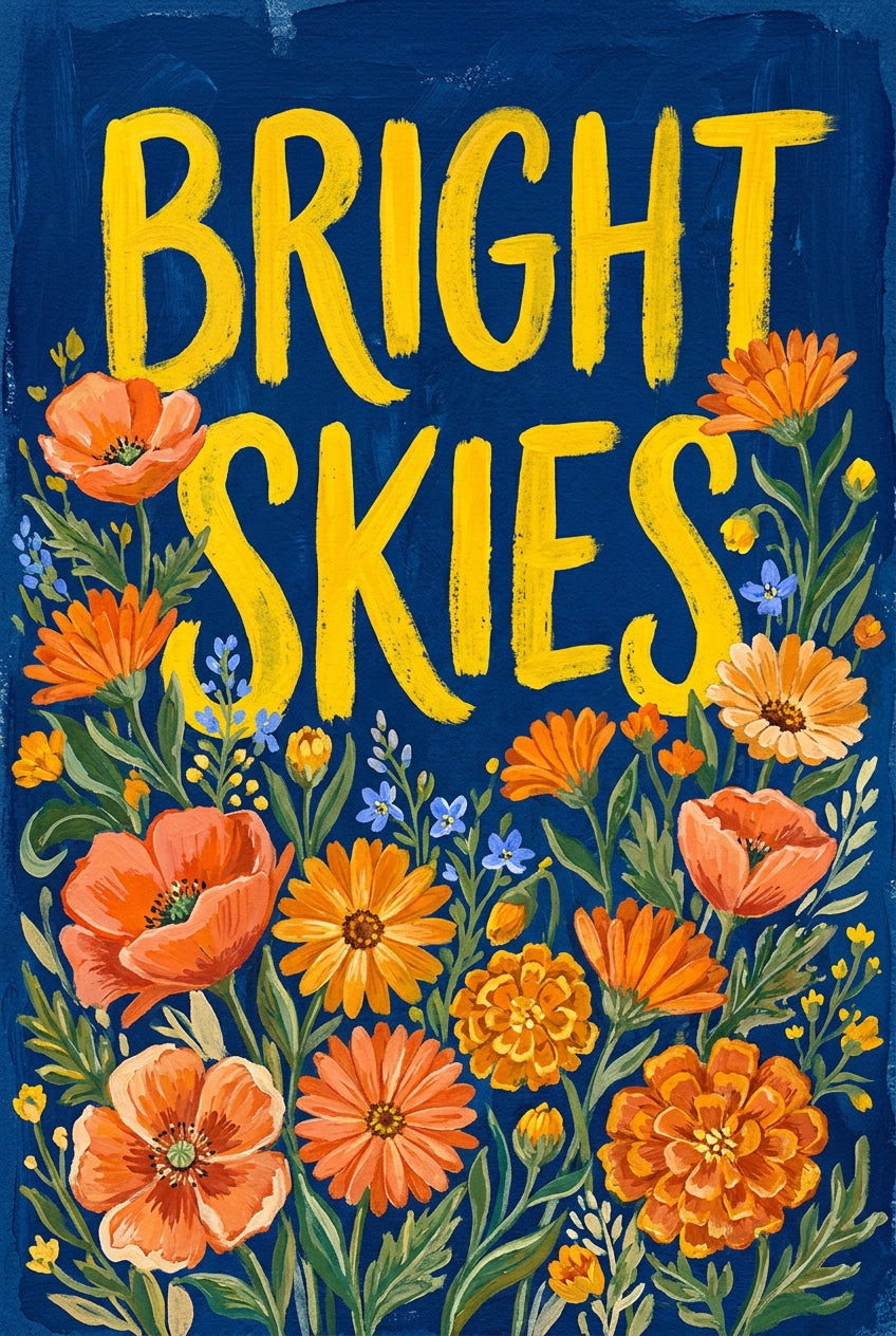 Poster Bright Skies, affiche fleurs orange et bleu