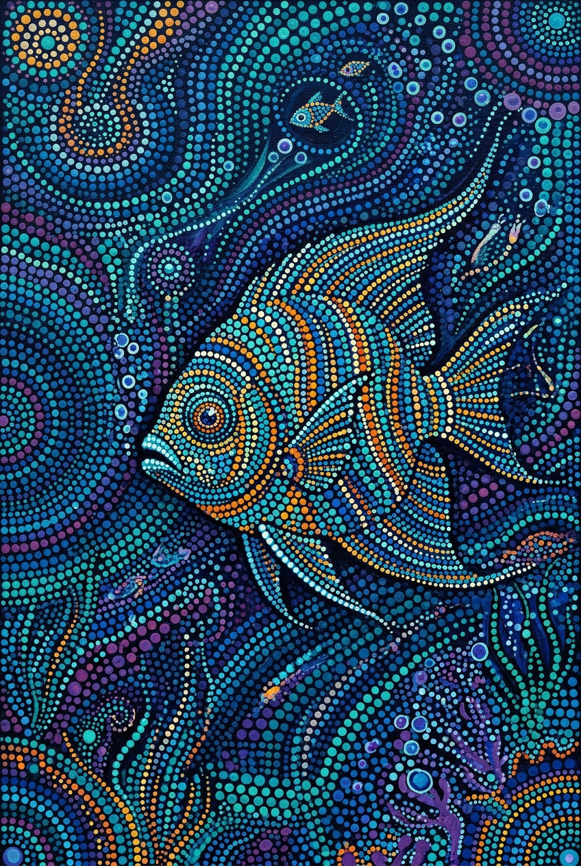 Affiche Poisson aborigène, poster pointillisme bleu
