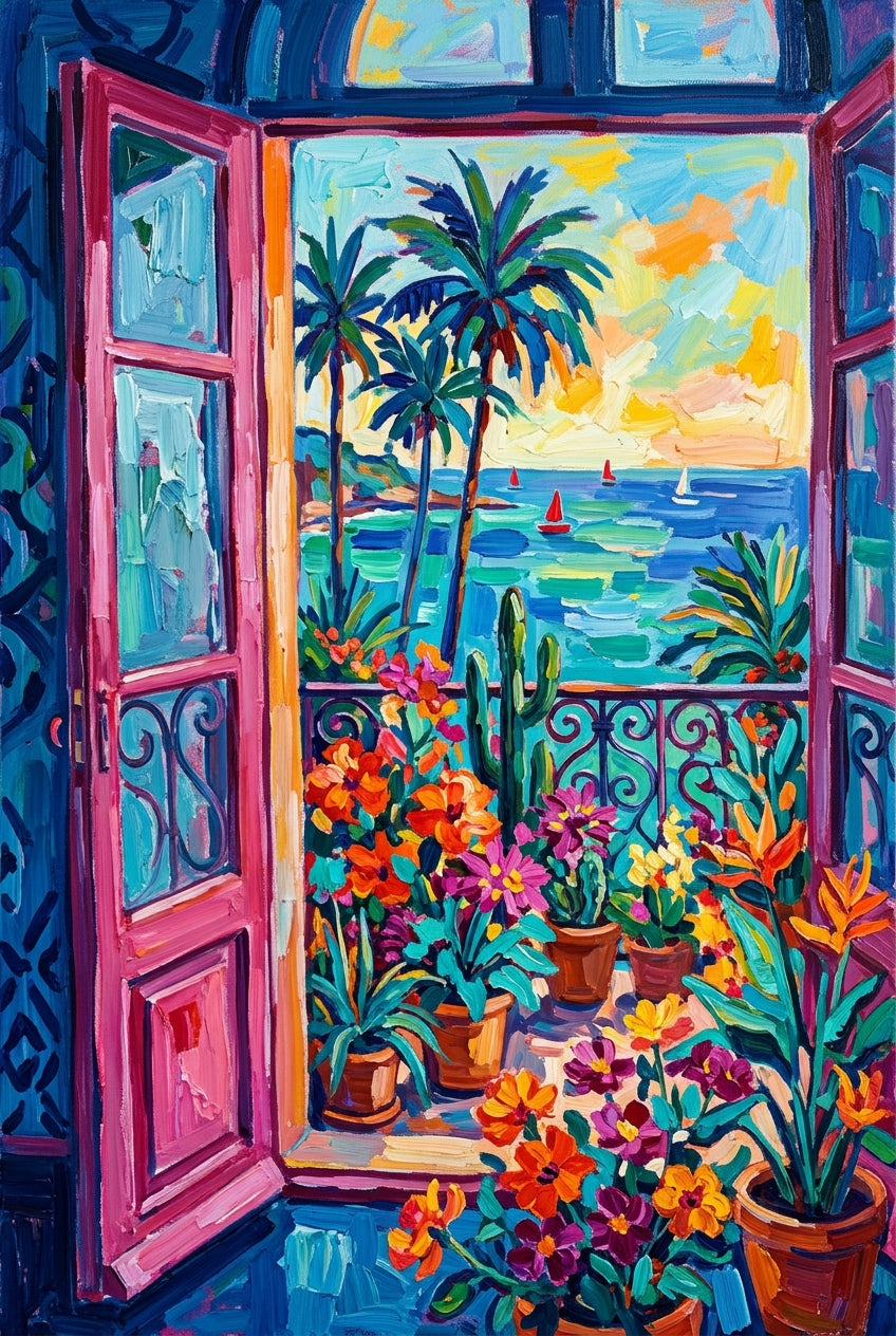 Affiche balcon fleuri bord de mer, fleurs colorées
