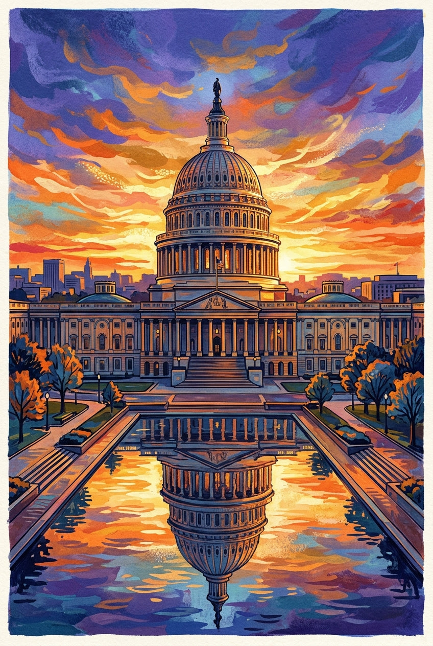 Poster du Capitole de Washington, coucher de soleil