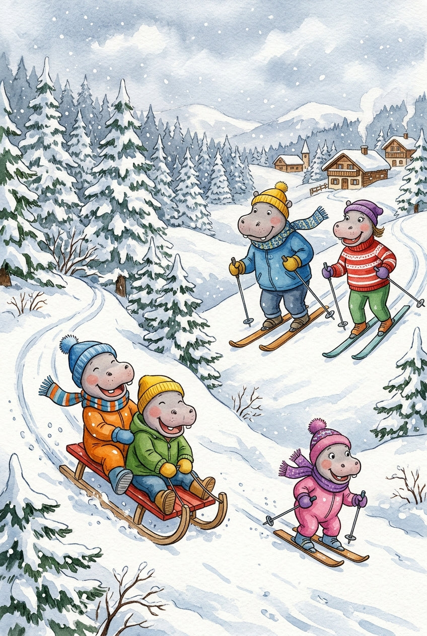 Affiche Hippopotames au ski, poster style illustration