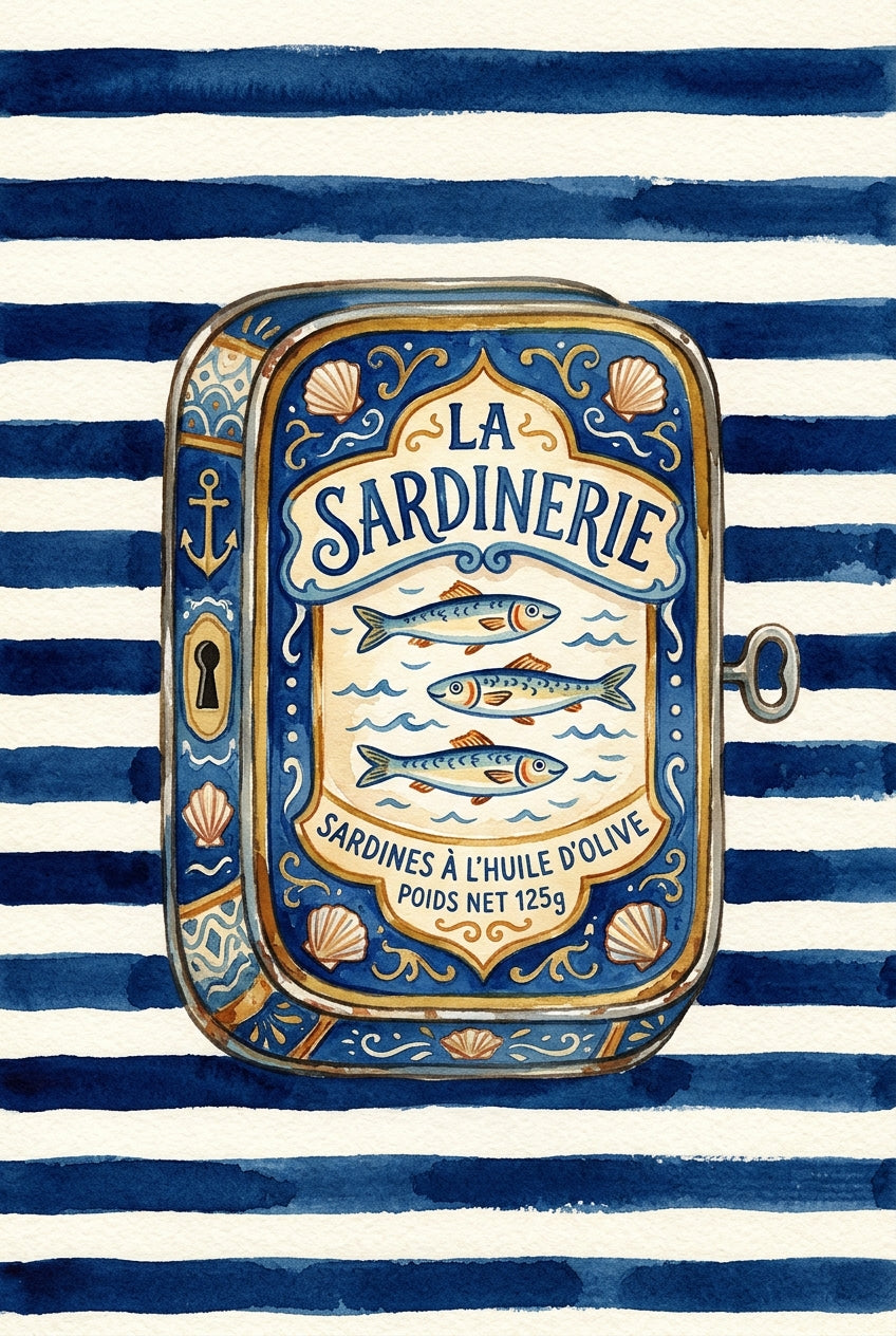 Affiche La Sardinerie, poster marin à rayures bleues