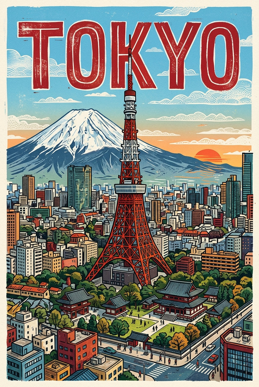Affiche de Tokyo, poster Mont Fuji et tour japonaise