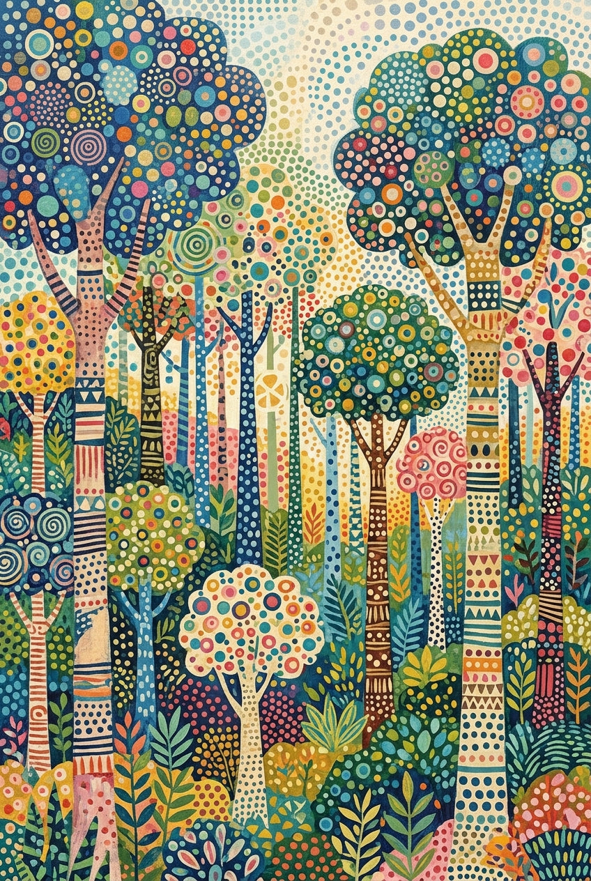 Affiche forêt colorée, poster motifs géométriques